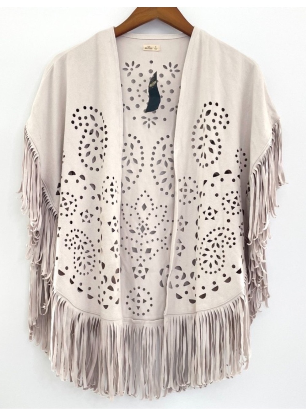 Hollister Cream Fringe Open-Front Jacket with Laser-Cut Pattern